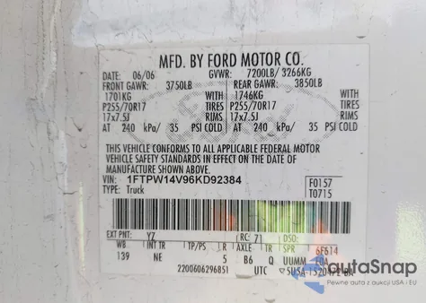2006 Ford F-150 Fx4/Lariat/Xlt from USA, damaged, VIN 1FTPW14V96KD92384